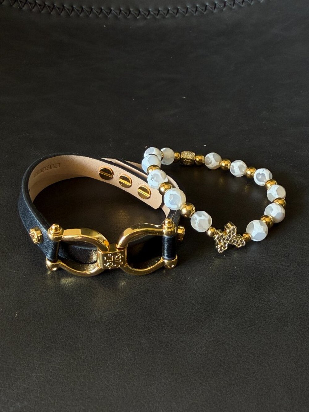Set of 2 Rustic Cuff Leather and Beaded Bracelets Black and Gold Tones